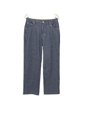 NEW Flamingals Womens Large Pants Wide Leg High Rise Striped Chambray Blue White